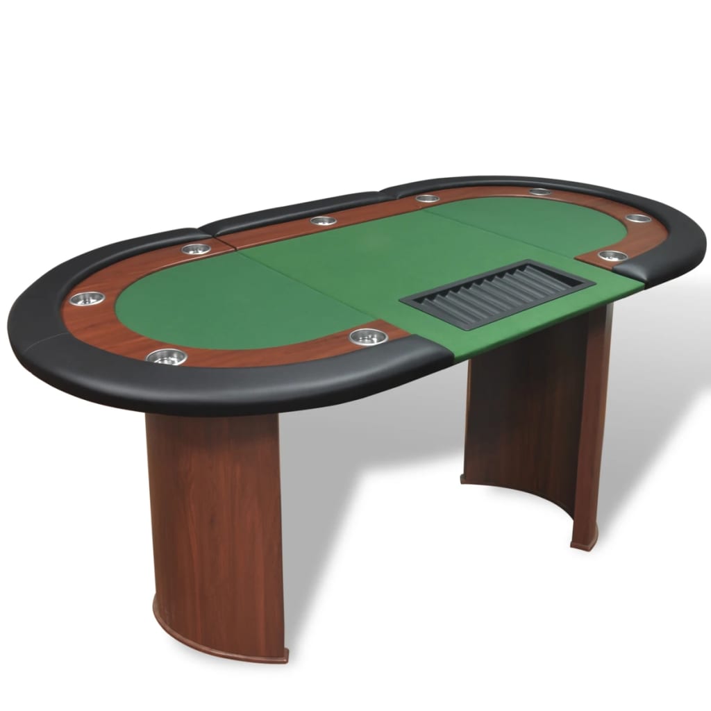 10 žaid. pokerio stalas su dalintojo vieta, žetonų dėže, žalias - testbyjd