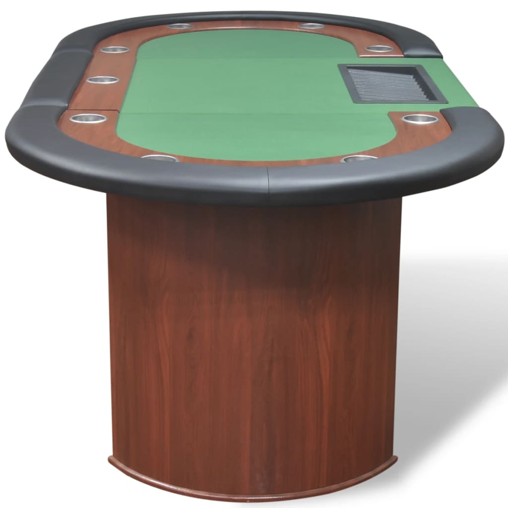 10 žaid. pokerio stalas su dalintojo vieta, žetonų dėže, žalias - testbyjd