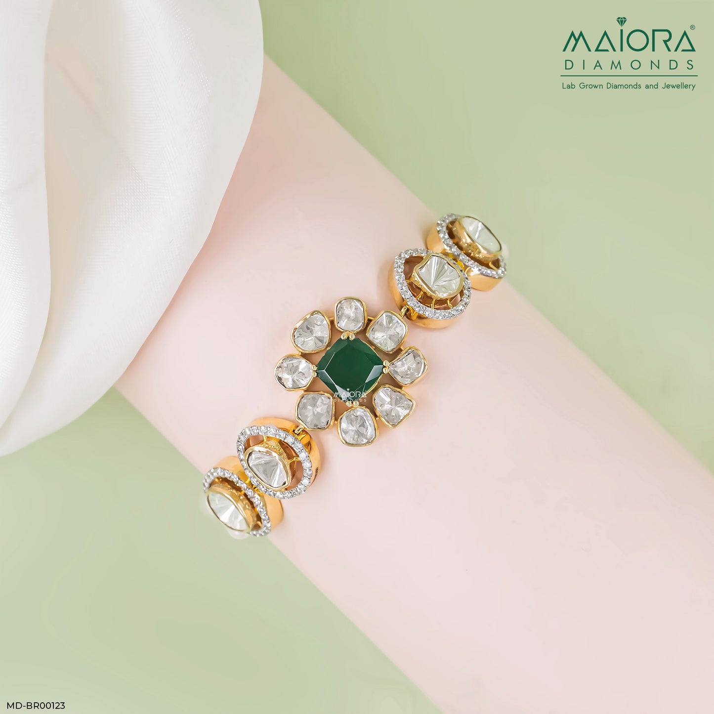 1 Carat Kundan Polki & Emerald Floral Link Lab Diamond Bracelet