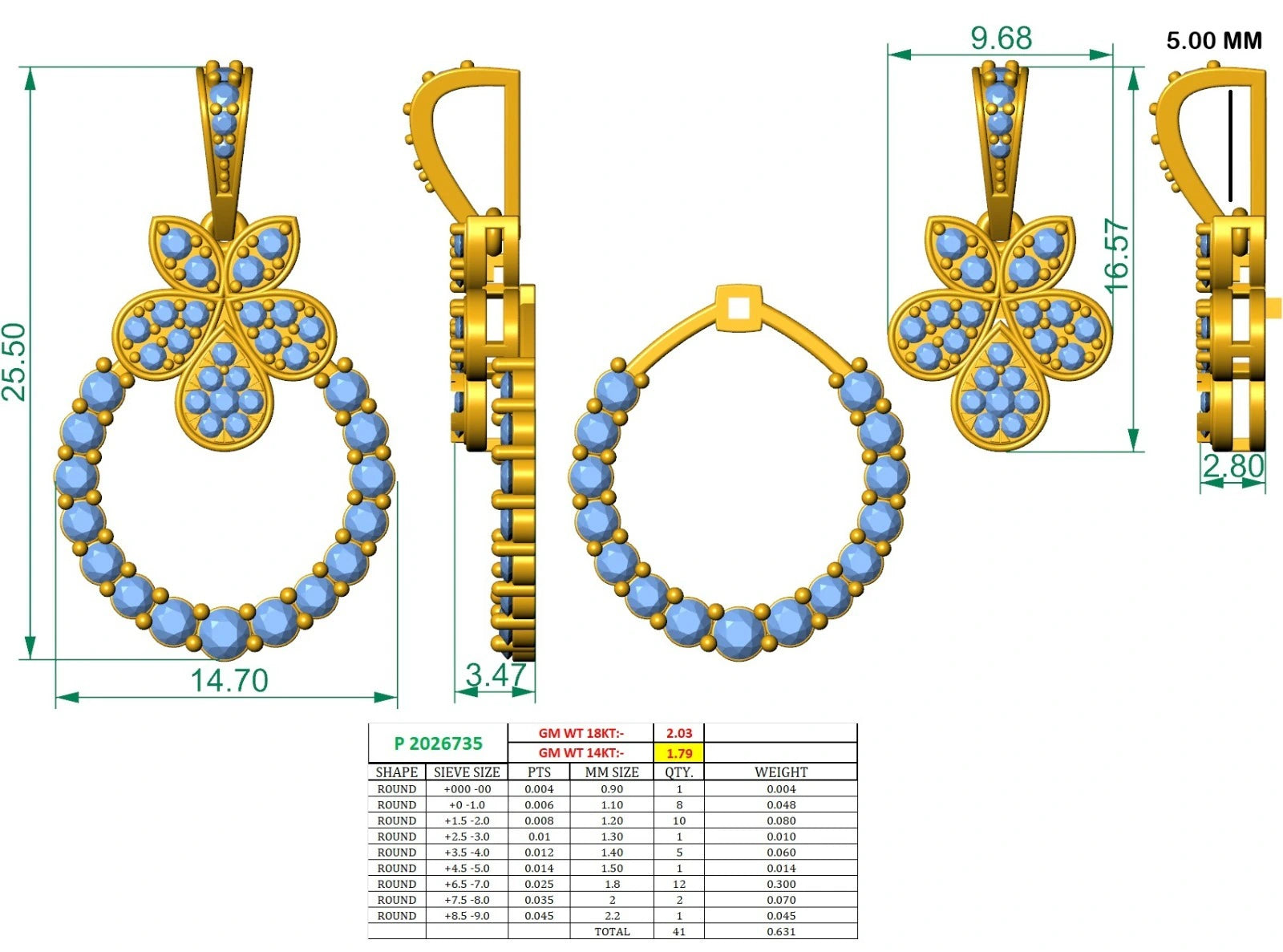 0.50 Carat Azure Trillion Halo Solitare Lab Diamond Pendant